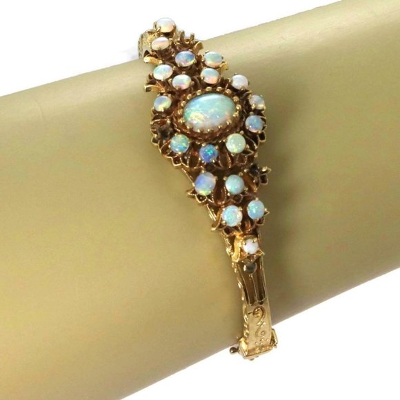 Natural Opal 14kYellow Gold Floral Bangle Bracelet - Picture 2 of 5